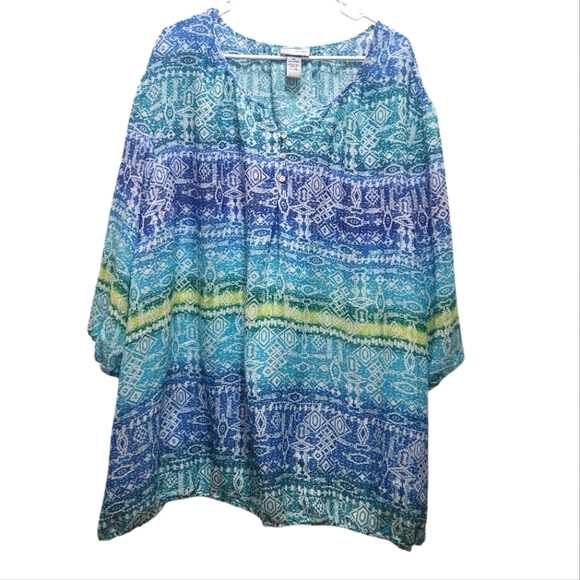 Catherines Santa Fe Peasant Top Tile Blue Plus Size 4X Lightweight Artsy Flowy - Picture 1 of 5